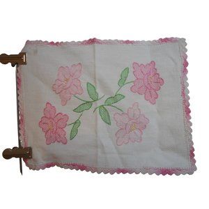 Vintage hand embroidered floral Pink Lace Dresser scarf doily placemat runner #4